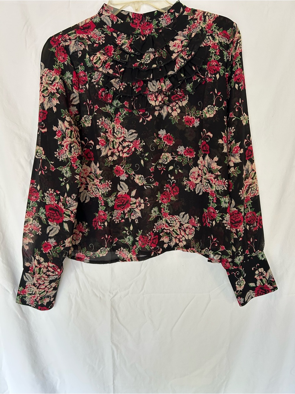 True Destiny Sheer Floral Ruffle Blouse Black Red Roses Long Sleeve L